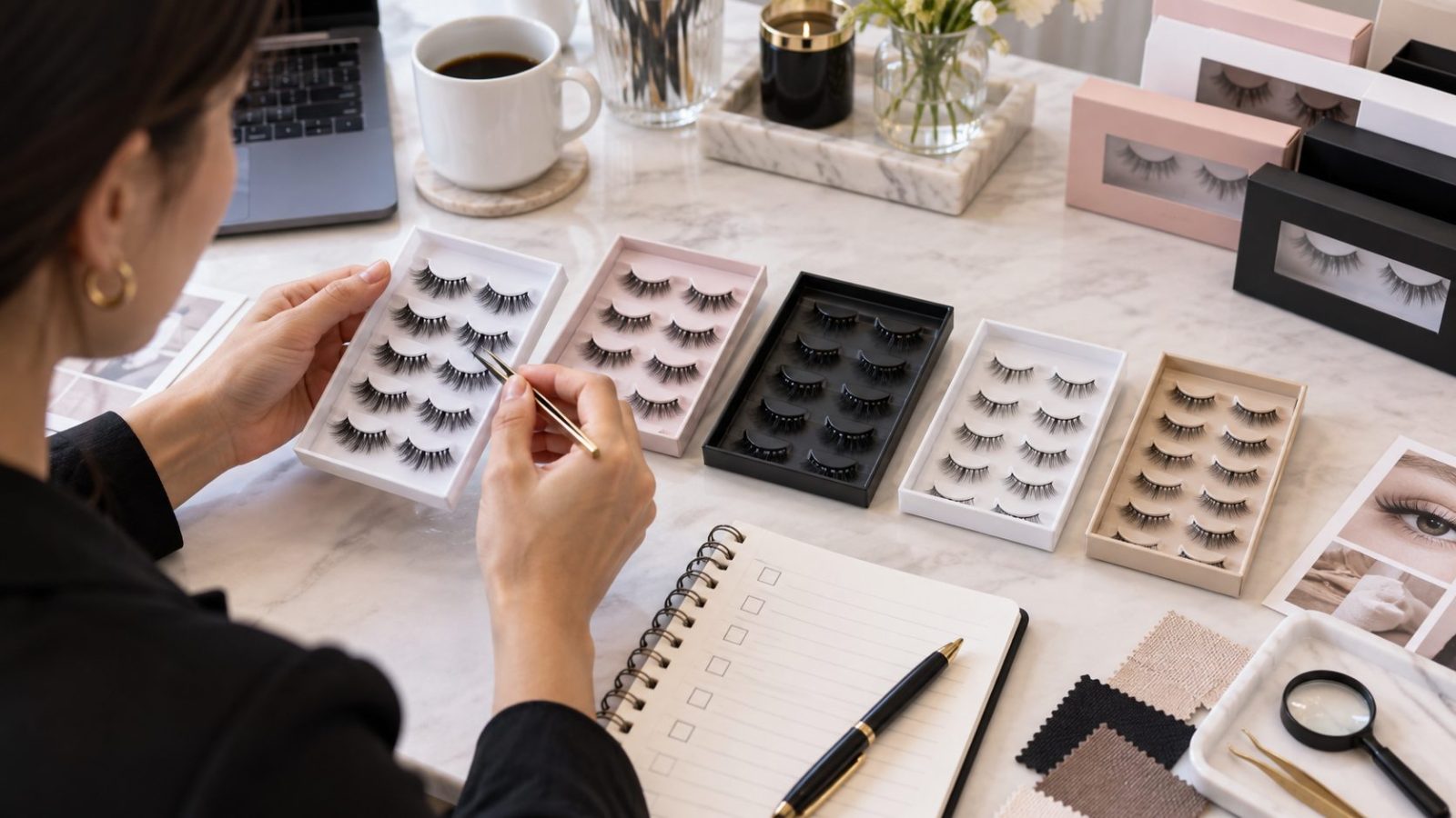 Beauty brand comparing lash samples from different suppliers before choosing a supplier