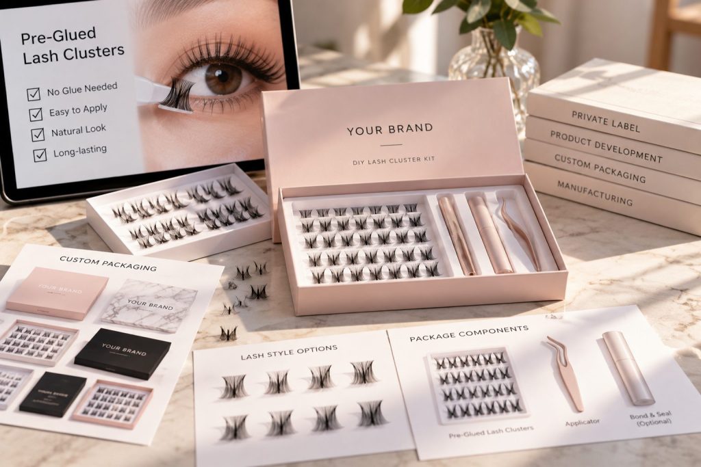 Private label pre-glued lash clusters developed using KISS imPRESS as a product benchmark