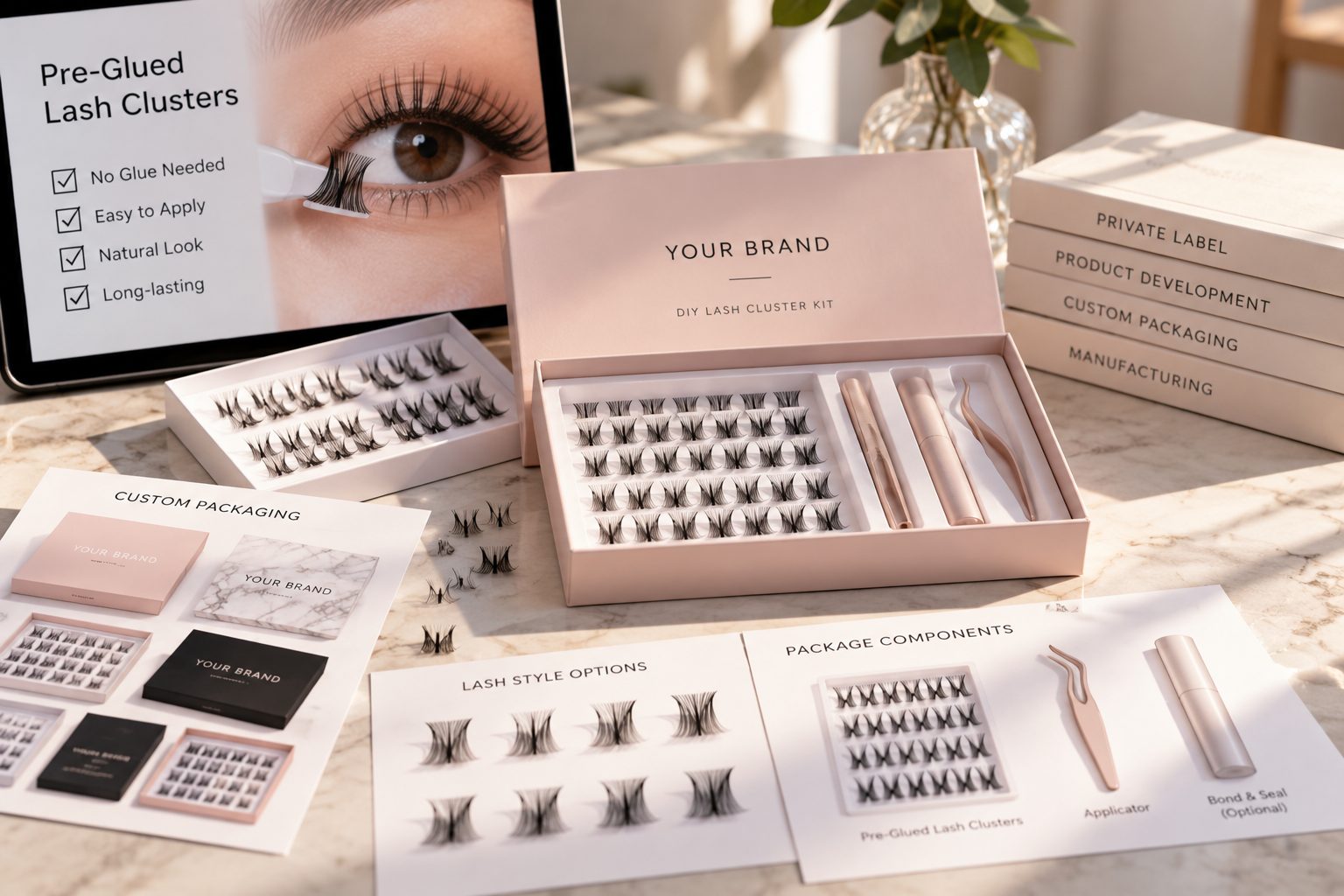 Private label pre-glued lash clusters developed using KISS imPRESS as a product benchmark