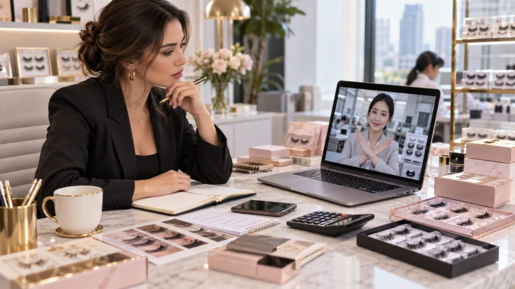 Wholesale lash buyer negotiating bulk eyelash pricing with supplier