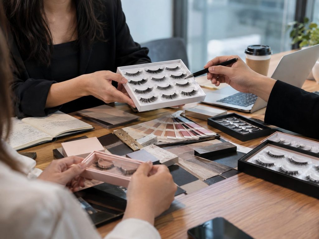 Beauty brand owner discussing custom lash products with manufacturer