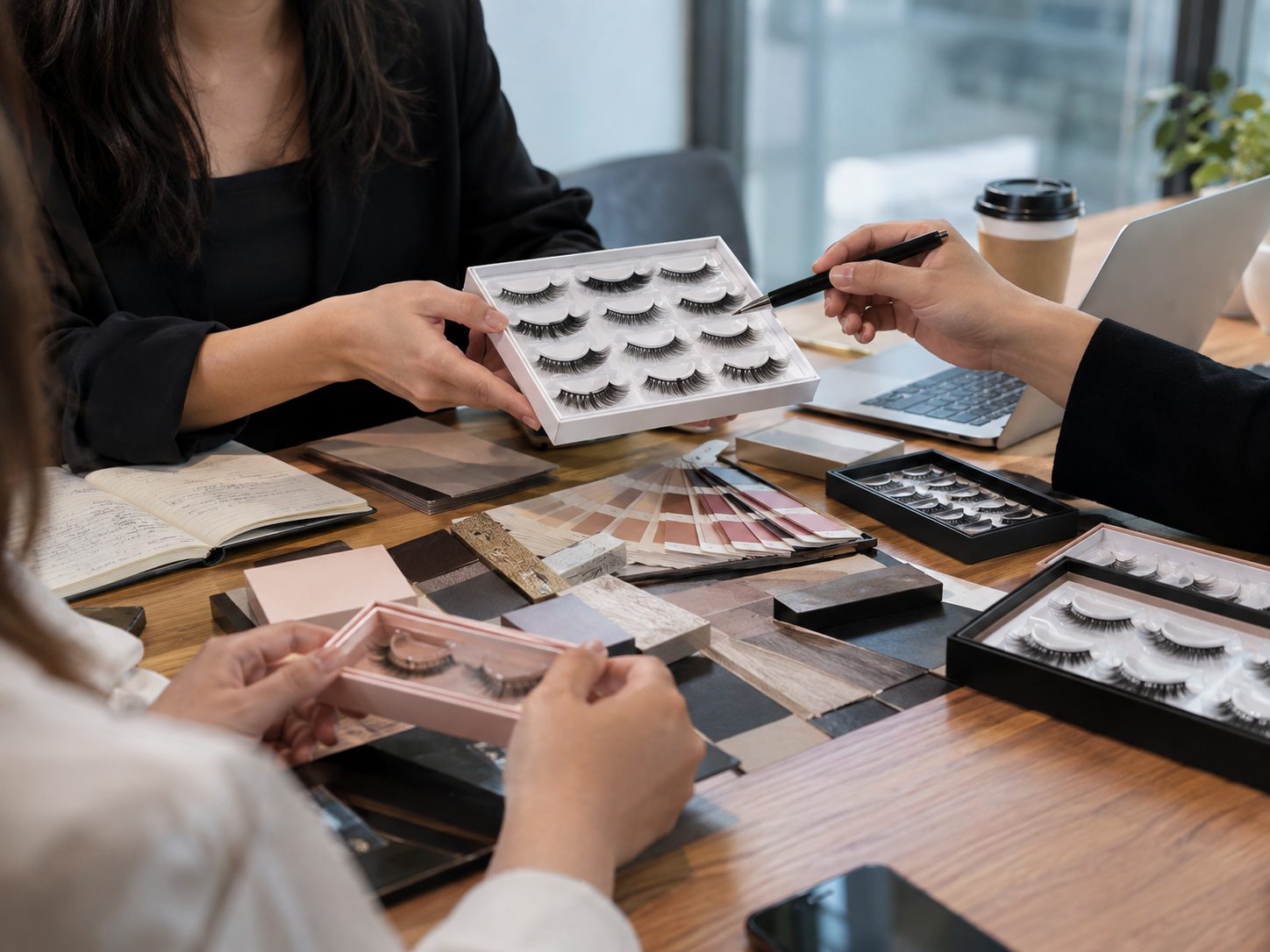 Beauty brand owner discussing custom lash products with manufacturer